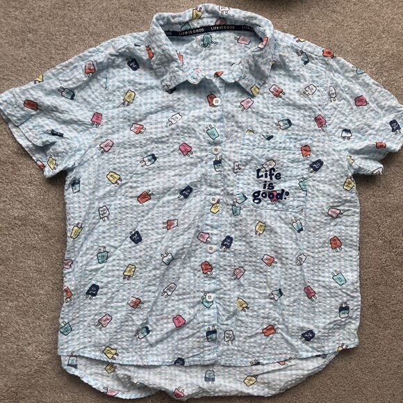 Life is Good Pajama Set Womens Medium Tee and Shorts Blue Seersucker Popsicles - Picture 2 of 12